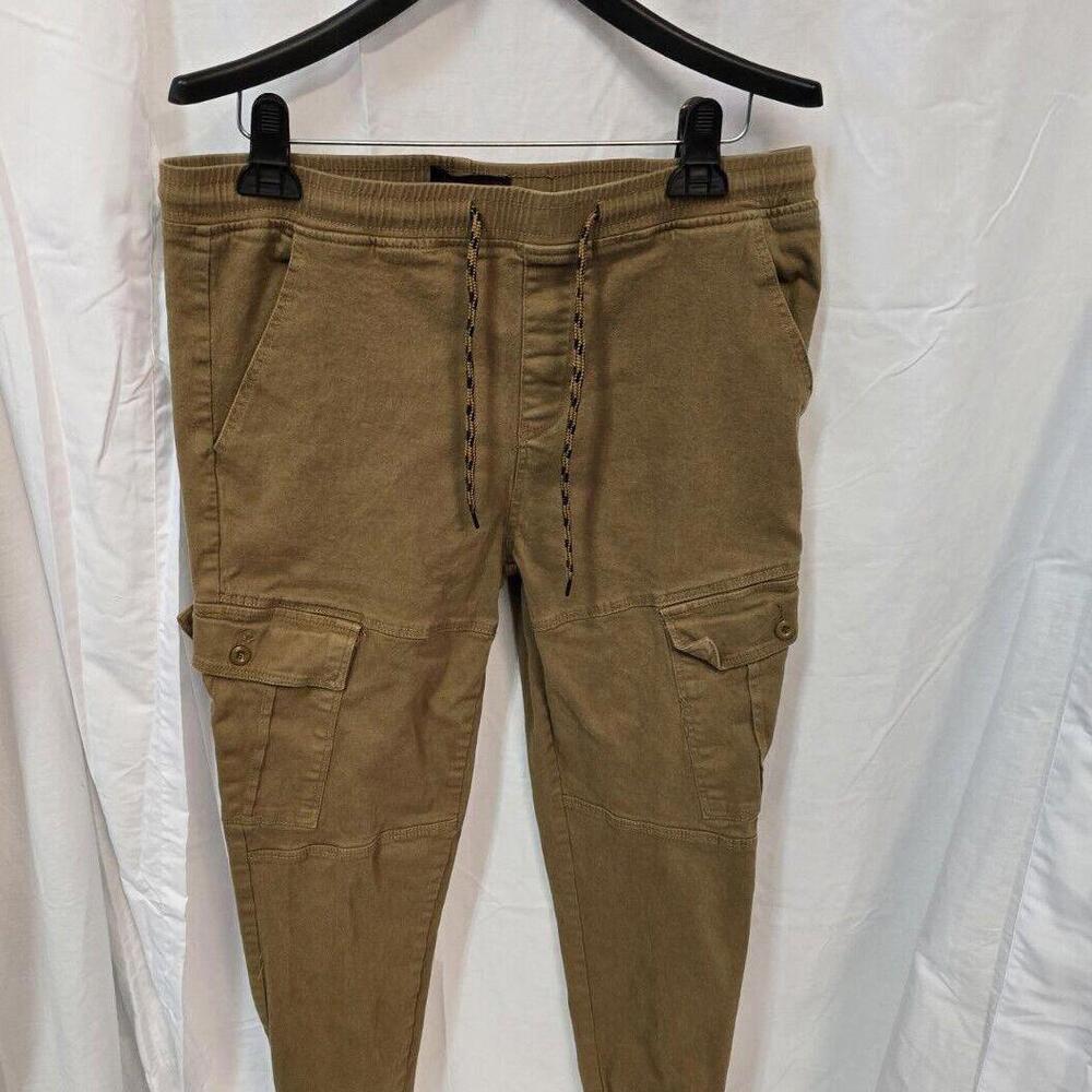 Mecca Men's Cargo Jogger Y2K Elastic Ankle‎ 90's Tan Pockets Large Pants - Picture 2 of 11